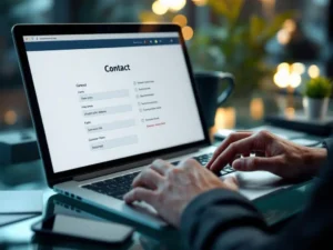 Business professional typing on laptop displaying digital contact form with business cards and smartphone on glass desk