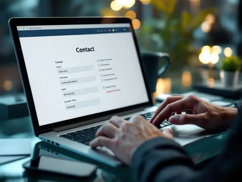 Business professional typing on laptop displaying digital contact form with business cards and smartphone on glass desk