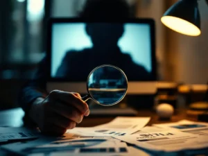 Person examining digital profile data printouts with magnifying glass at desk, silhouette reflected in computer monitor