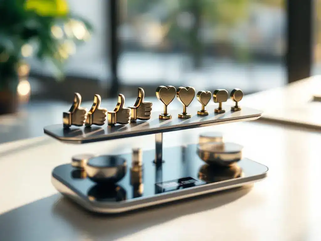 Digital scale balancing social media engagement metrics including thumbs up, hearts, and comment icons as metallic weights on modern desk