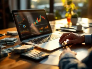 Laptop displaying colorful analytics charts on mahogany desk with stacks of cash, calculator, and financial documents