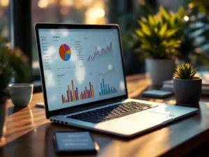 Modern laptop displaying colorful analytics charts on wooden desk with succulent plant and business cards in home office