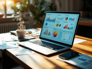 Modern laptop displaying colorful analytics charts on wooden desk with reports, smartphone, and coffee cup in bright office