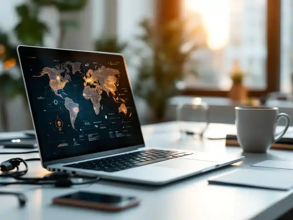 Modern laptop displaying network diagrams on screen with smartphone, coffee cup, and business cards on white desk