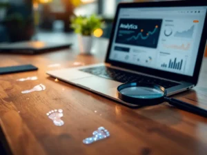 Modern laptop displaying website analytics on wooden desk with translucent digital footprints and magnifying glass nearby