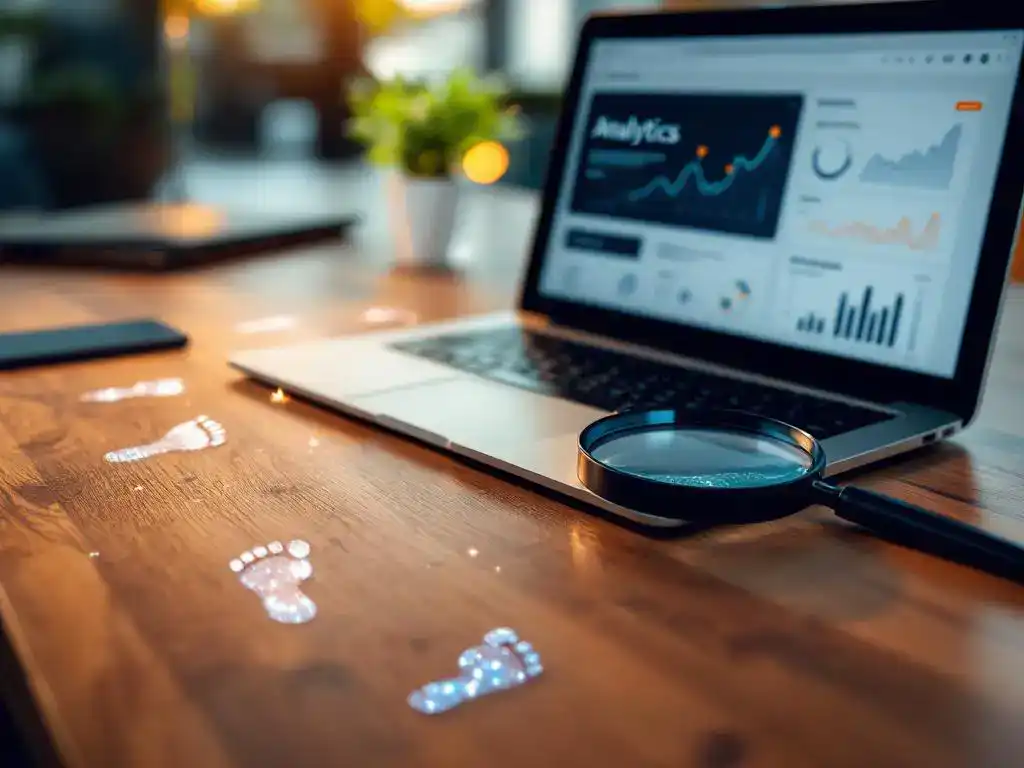 Modern laptop displaying website analytics on wooden desk with translucent digital footprints and magnifying glass nearby