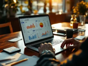 Modern laptop displaying colorful analytics dashboards on mahogany conference table with scattered business cards and smartphone