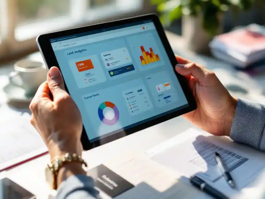 Business professional holding tablet displaying colorful lead analytics dashboards above scattered paper business cards on desk