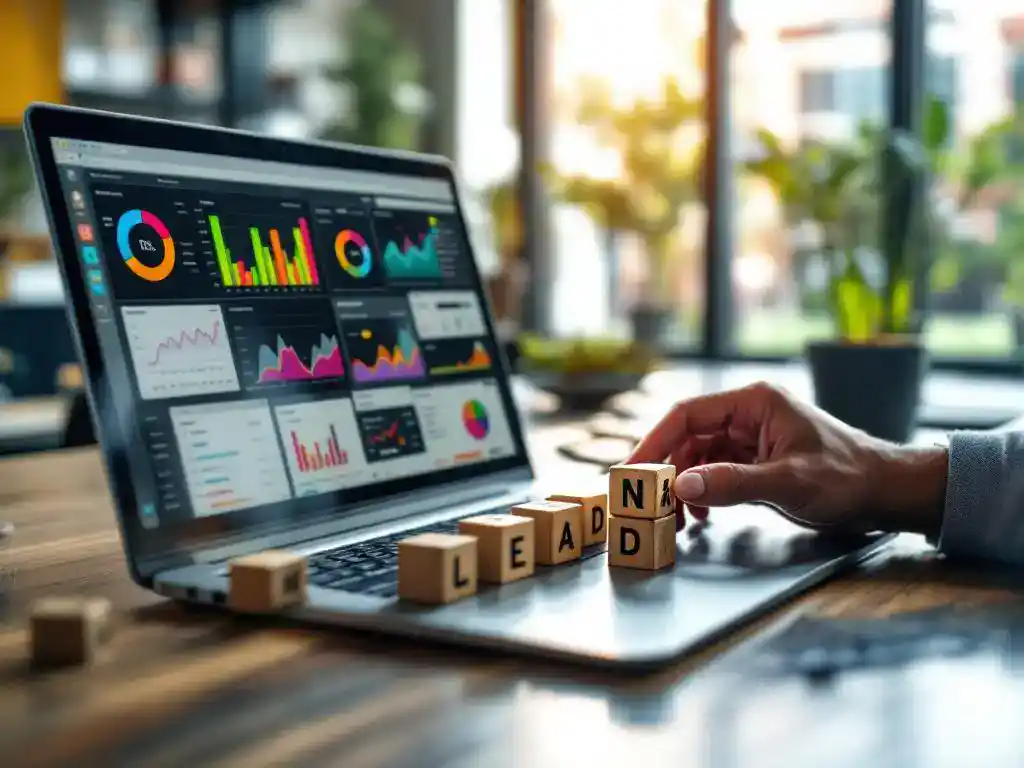 Modern office desk with laptop showing data analytics, wooden target blocks representing client accounts, and magnifying glass for lead identification.