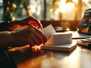 Businesswoman's hands sorting lead prospect cards on mahogany desk with glowing priority cards and laptop analytics