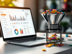 Chrome funnel device sorting colorful lead tokens beside laptop displaying customer dashboard on white office desk