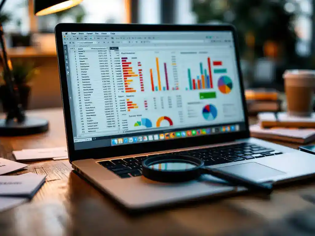 Laptop displaying spreadsheet with data charts, magnifying glass highlighting customer profiles, business cards scattered nearby