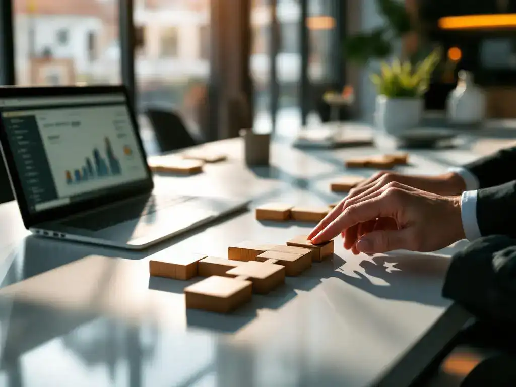 Business professional arranging wooden blocks representing lead identification workflow stages on modern office desk with laptop displaying analytics dashboards