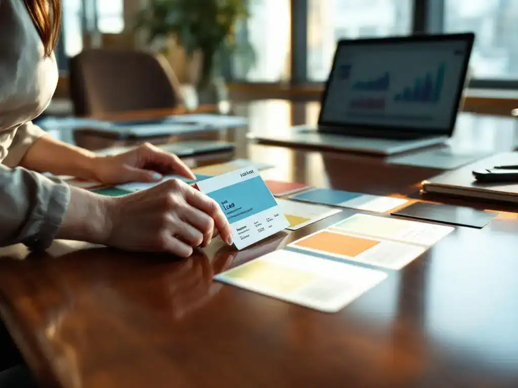 Businesswoman organizing colorful lead identification cards with prospect details on mahogany conference table near laptop.