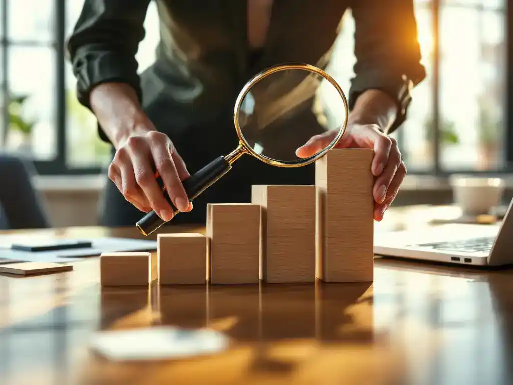 Professional businesswoman arranging wooden blocks into ascending steps on conference table with magnifying glass on top block.