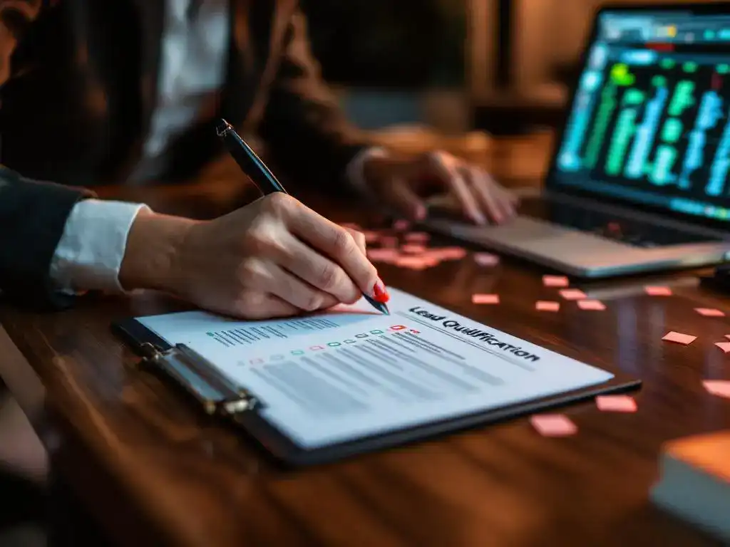 Businesswoman reviewing lead qualification checklist with red flags and green checkmarks on desk, laptop with spreadsheet in background