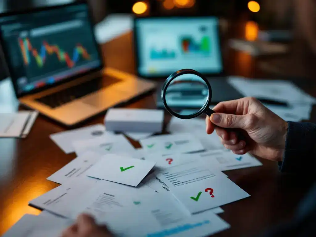 Business professional examining lead contact sheets and business cards with magnifying glass, some marked with checkmarks and question marks on conference table.