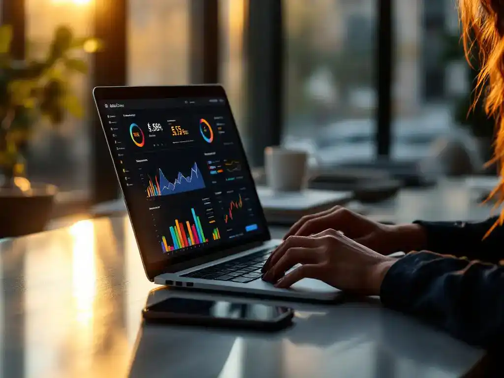 Businesswoman reviewing lead scoring report with data visualizations on laptop at modern office desk with smartphone nearby