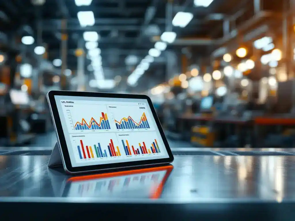 Tablet displaying colorful analytics charts on metal workbench in modern manufacturing facility with machinery