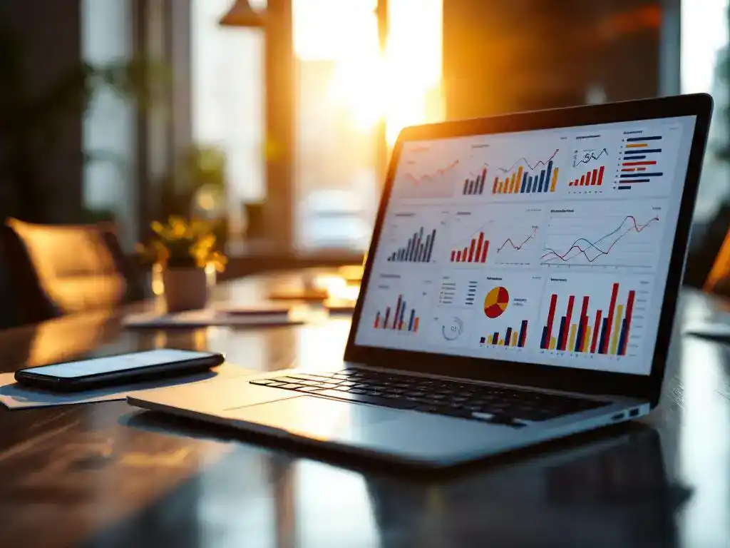 Modern laptop displaying colorful data analytics charts on conference table with business cards and smartphone in office