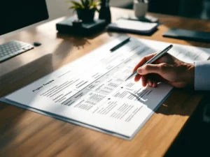 Businessman pointing with silver pen at software implementation timeline chart on modern office desk with project milestones