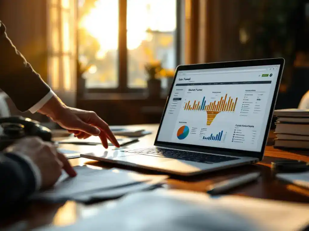 Modern laptop displaying sales funnel visualization on mahogany desk with paper leads and contracts in sunlit office