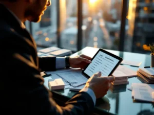 Sales professional reviewing lead qualification checklist on tablet at modern office desk with city view