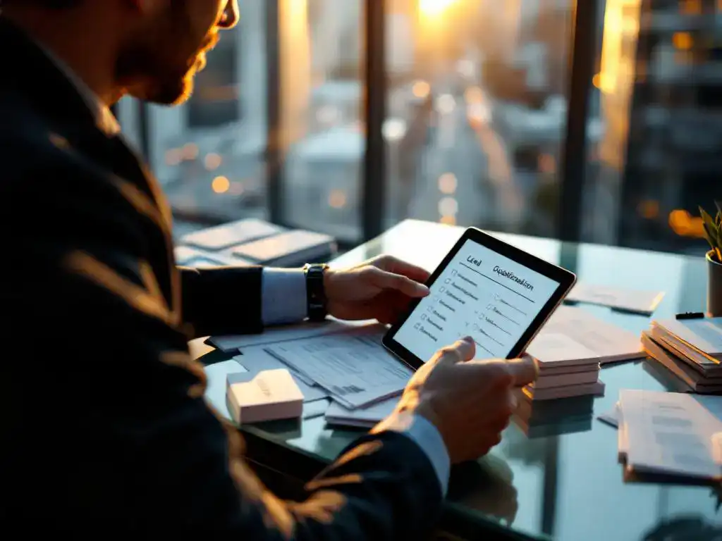 Sales professional reviewing lead qualification checklist on tablet at modern office desk with city view