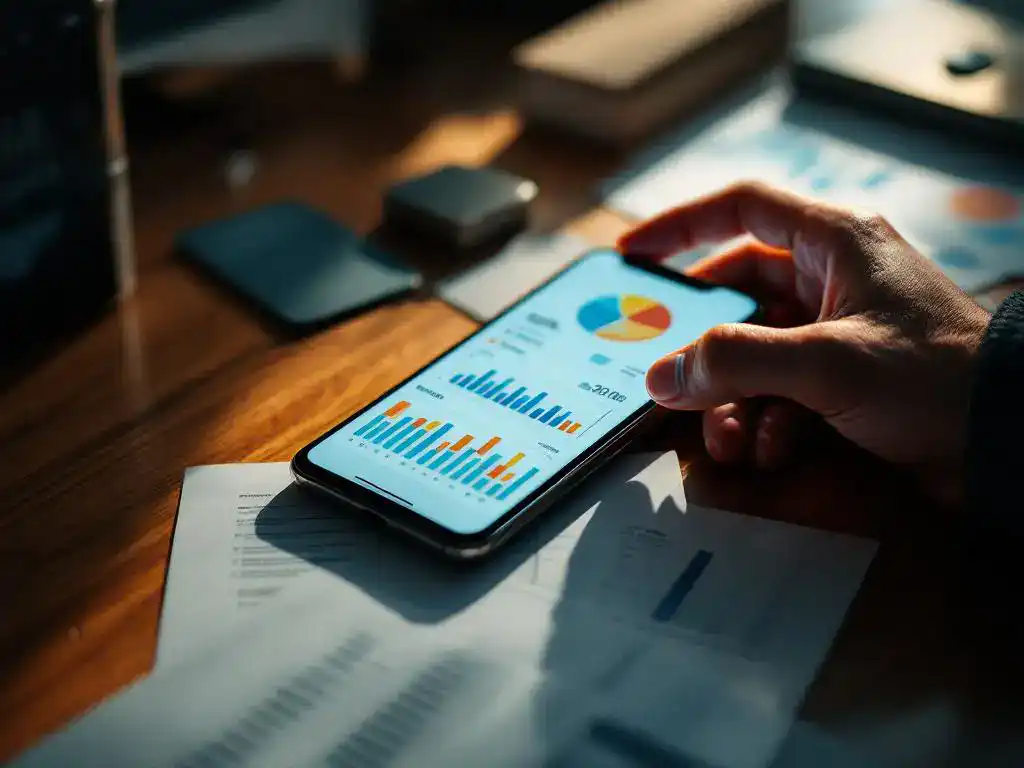 Smartphone displaying colorful data analytics charts on mahogany desk with scattered business cards and professional's hand reaching toward device