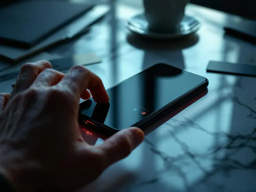Smartphone with notification alerts on marble desk with hand reaching toward device, coffee cup and business cards nearby