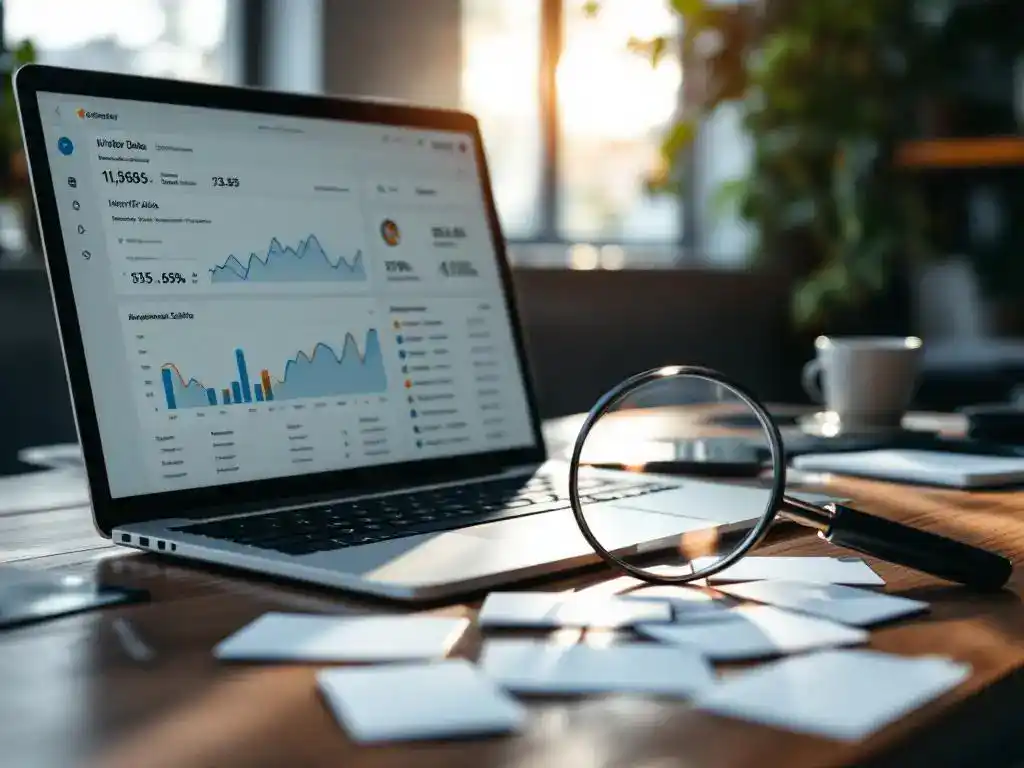 Laptop displaying analytics dashboard with magnifying glass revealing visitor data transforming into business cards on desk