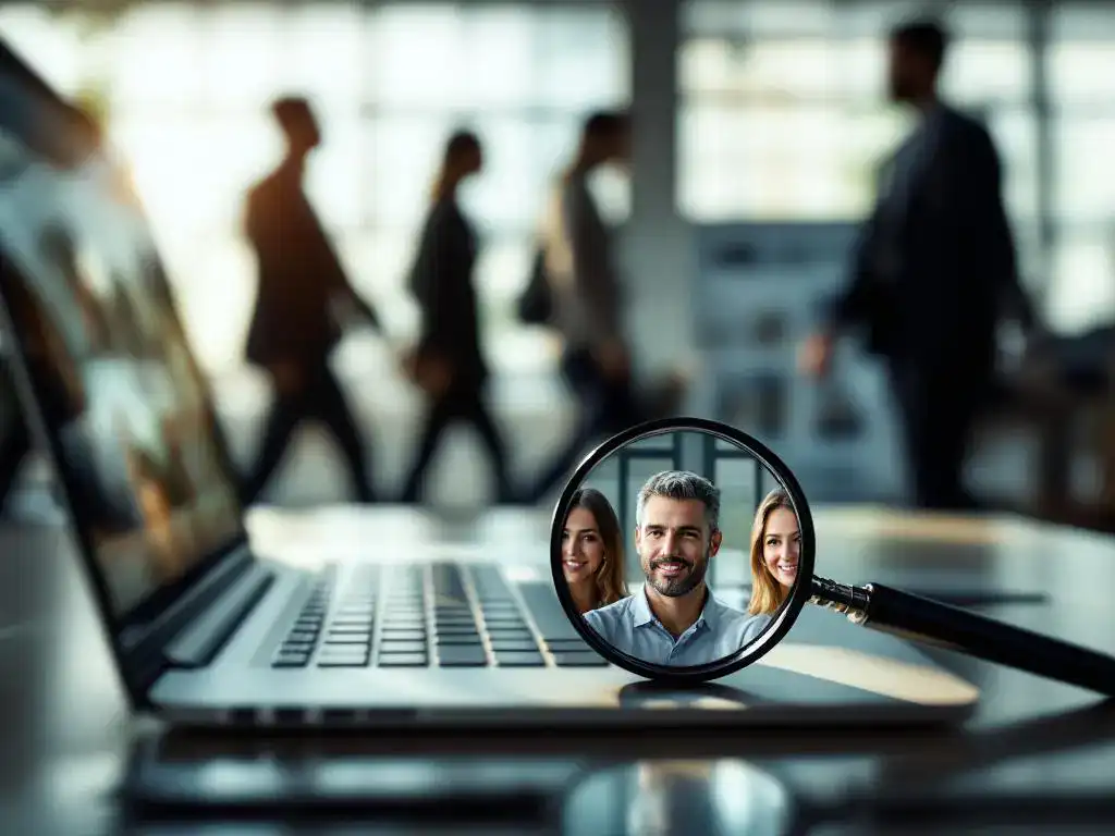 Magnifying glass on laptop keyboard revealing visitor profiles while blurred figures walk past in modern office setting.