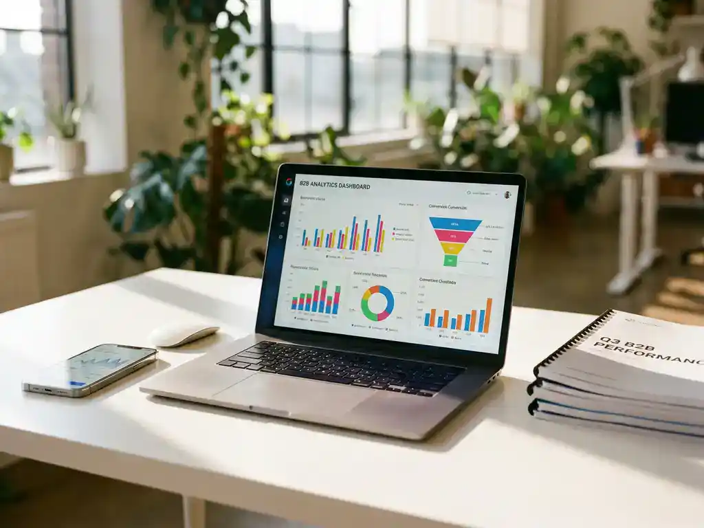 Laptop displaying colorful analytics dashboards and conversion funnels on white desk with smartphone and marketing reports