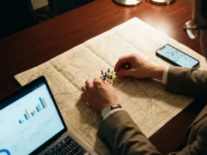 Business analyst placing colorful pushpins on detailed map at conference table with laptop showing data charts nearby