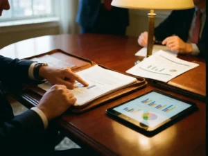 Business professional reviewing client research documents and data analytics on tablet at mahogany conference table