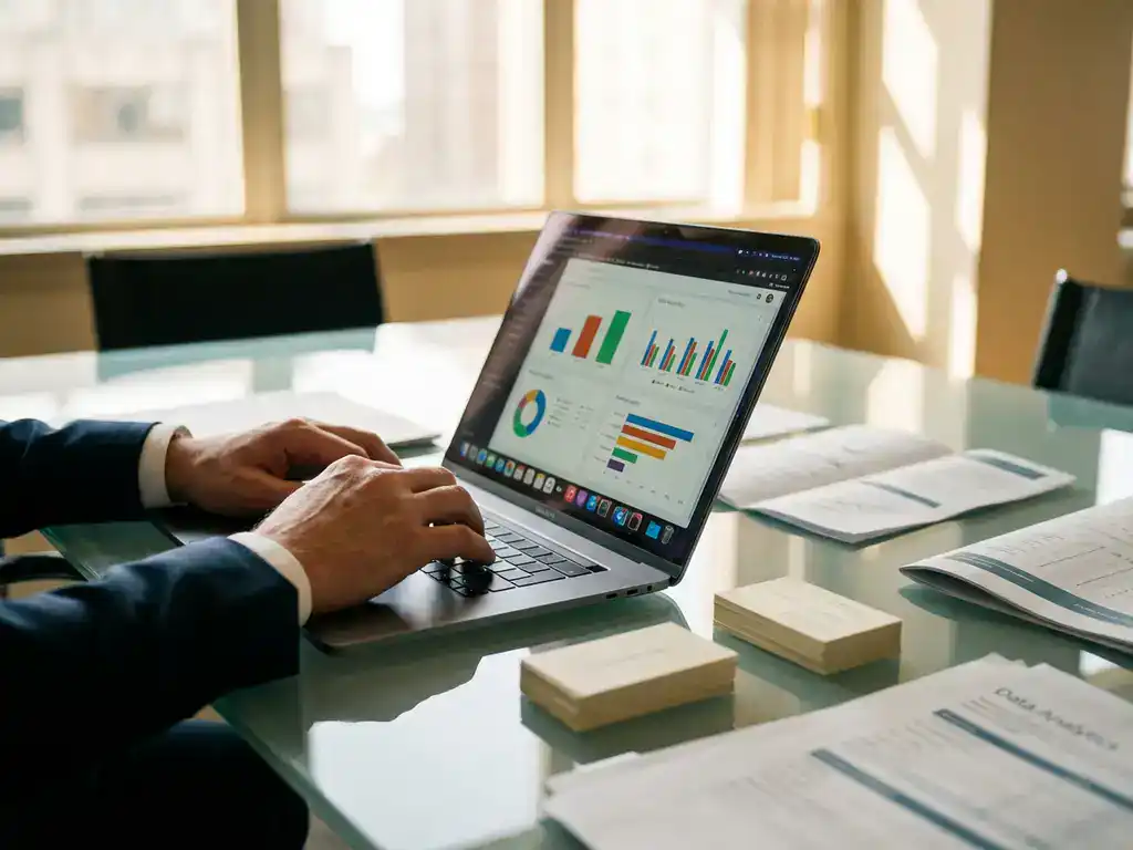 Professional reviewing colorful data analytics dashboards on laptop at glass conference table with business reports