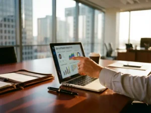 Businessman pointing to customer analytics dashboard on laptop at modern office desk with leather portfolio and pen
