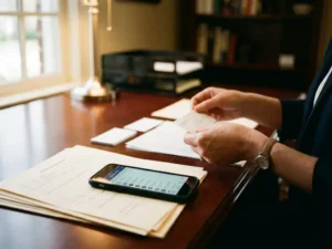 Professional businesswoman organizing contact cards and client documents on mahogany desk with smartphone contact app