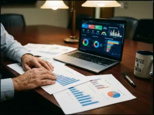 Professional hands analyzing data charts and graphs on wooden conference table with laptop displaying analytics dashboards