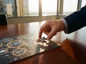 Business executive placing final puzzle piece completing customer touchpoint network on conference table in golden office lighting.