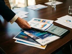 Business executive placing colorful data charts and company documents on conference table with digital tablet nearby