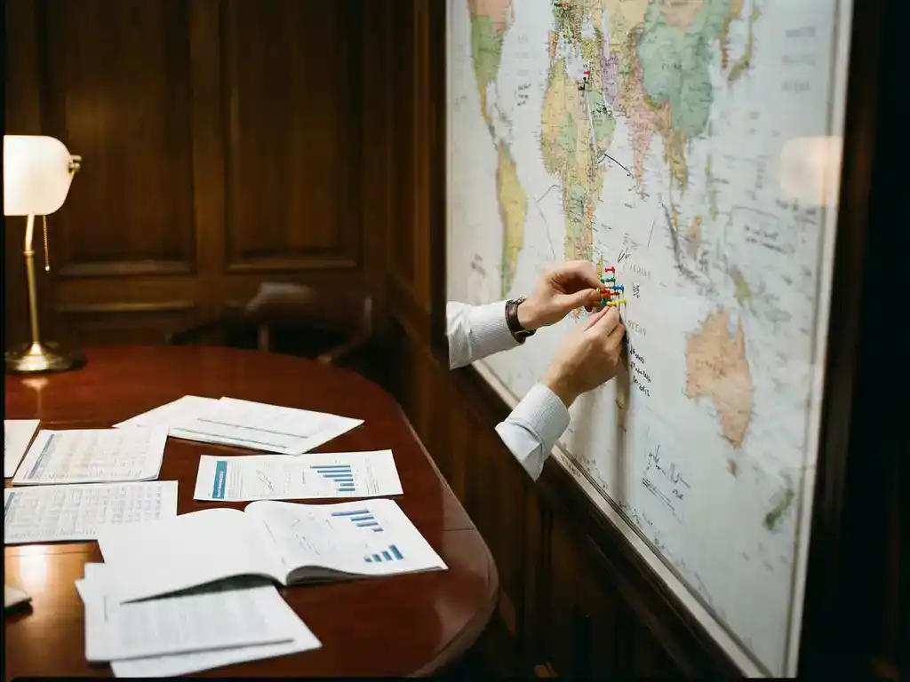 Business executive placing colorful pins on wall map with data reports and analytics scattered on conference table