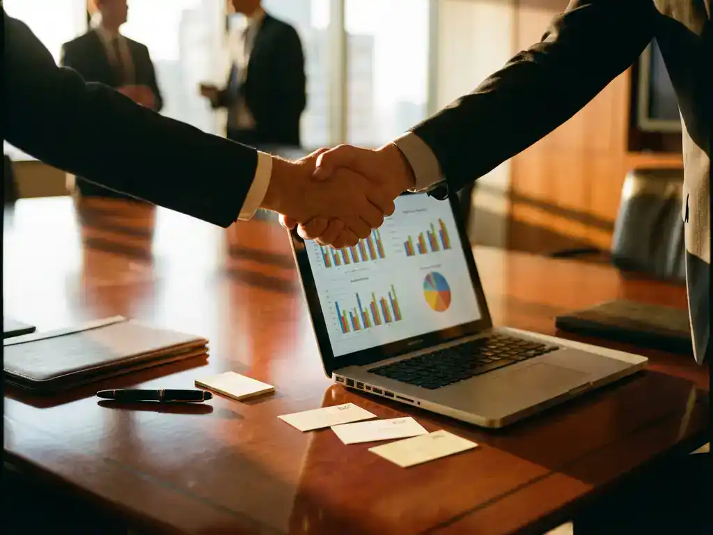 Business professionals shaking hands above laptop showing analytics graphs on mahogany conference table with golden lighting