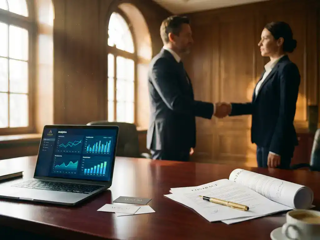 Business executives shaking hands at mahogany conference table with laptop displaying analytics charts and signed contracts