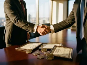 Two business executives shaking hands over mahogany table with security certificates, warm lighting through windows