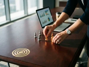 Businesswoman's hands arranging metallic figurines on conference table toward golden target with laptop showing analytics