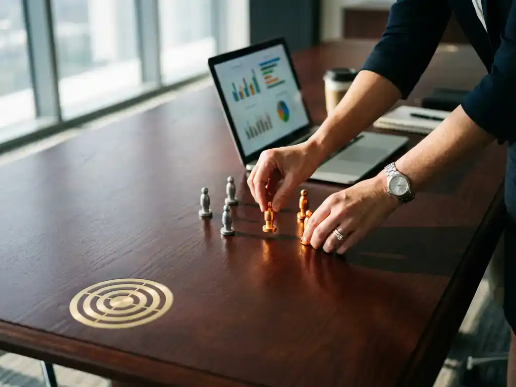 Businesswoman's hands arranging metallic figurines on conference table toward golden target with laptop showing analytics