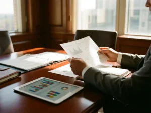 Business professional analyzing customer data and charts on tablet at conference table with natural lighting