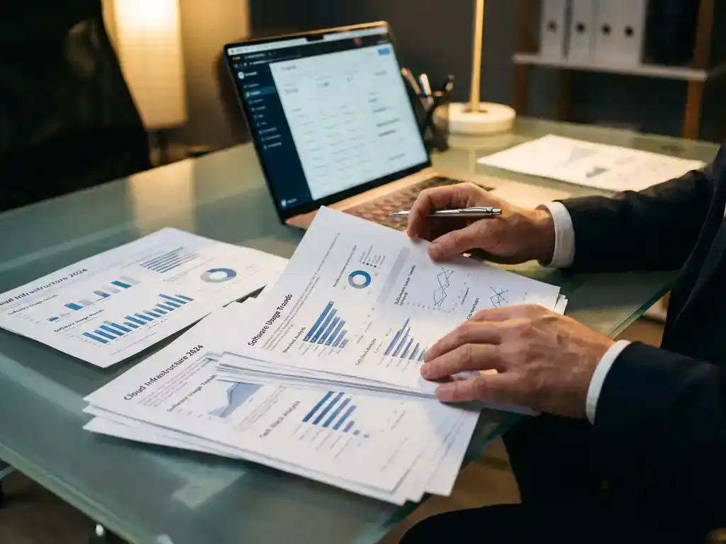 Business professional analyzing technology stack reports and software usage data on glass desk with laptop