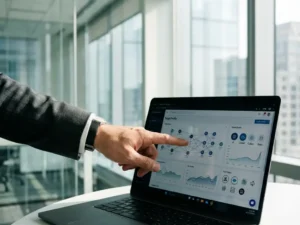 Business professional pointing at target profile data on laptop screen in modern office with natural lighting